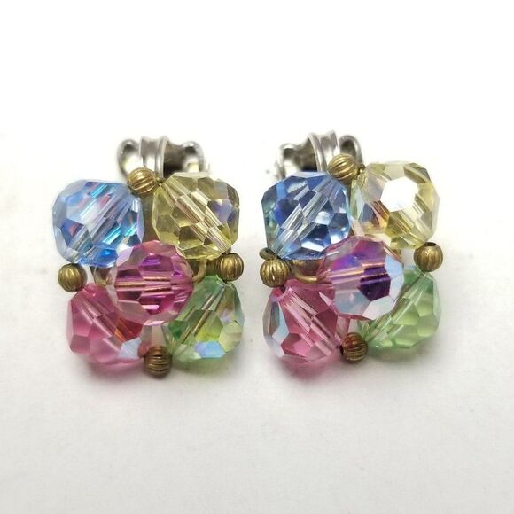 Vintage Pastel AB Glass Beaded Cluster Clip On Earrings, Colorful Spring - Picture 1 of 6